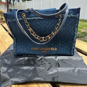 Karl Lagerfeld Quilted Denim Tote with Gold Chain